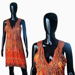Vintage 2000s Alberto Makali Beaded Sequin Boho Print Dress | Size Medium